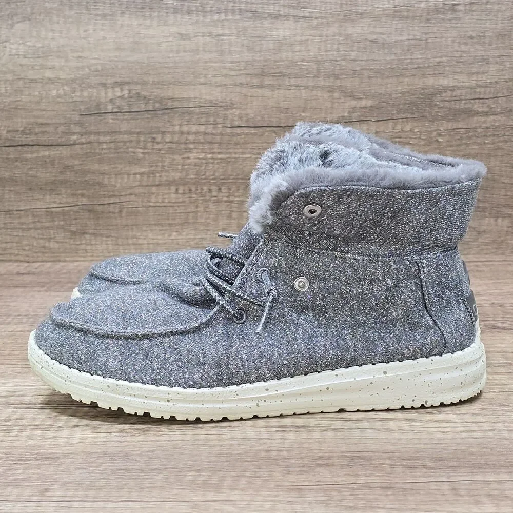 Hey Dude Britt Youth Women's Size 7 Gray Faux Fur Lace Up Comfort Shoes Boots